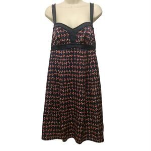 Laundry by Design Silk Dress Empire Waist Size 10 Navy Red Satin Beaded Trim